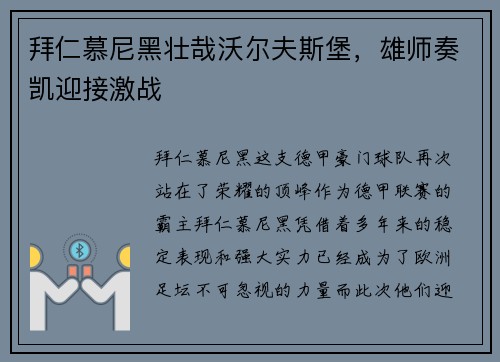 拜仁慕尼黑壮哉沃尔夫斯堡，雄师奏凯迎接激战