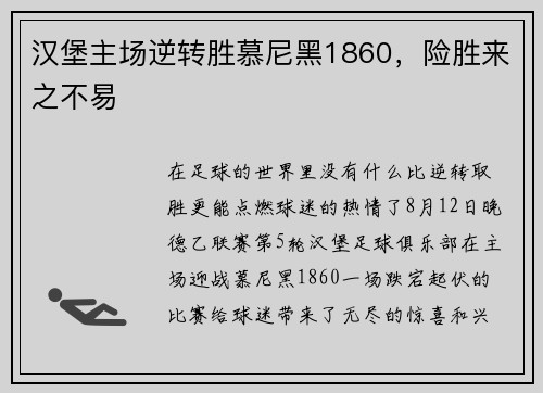 汉堡主场逆转胜慕尼黑1860，险胜来之不易
